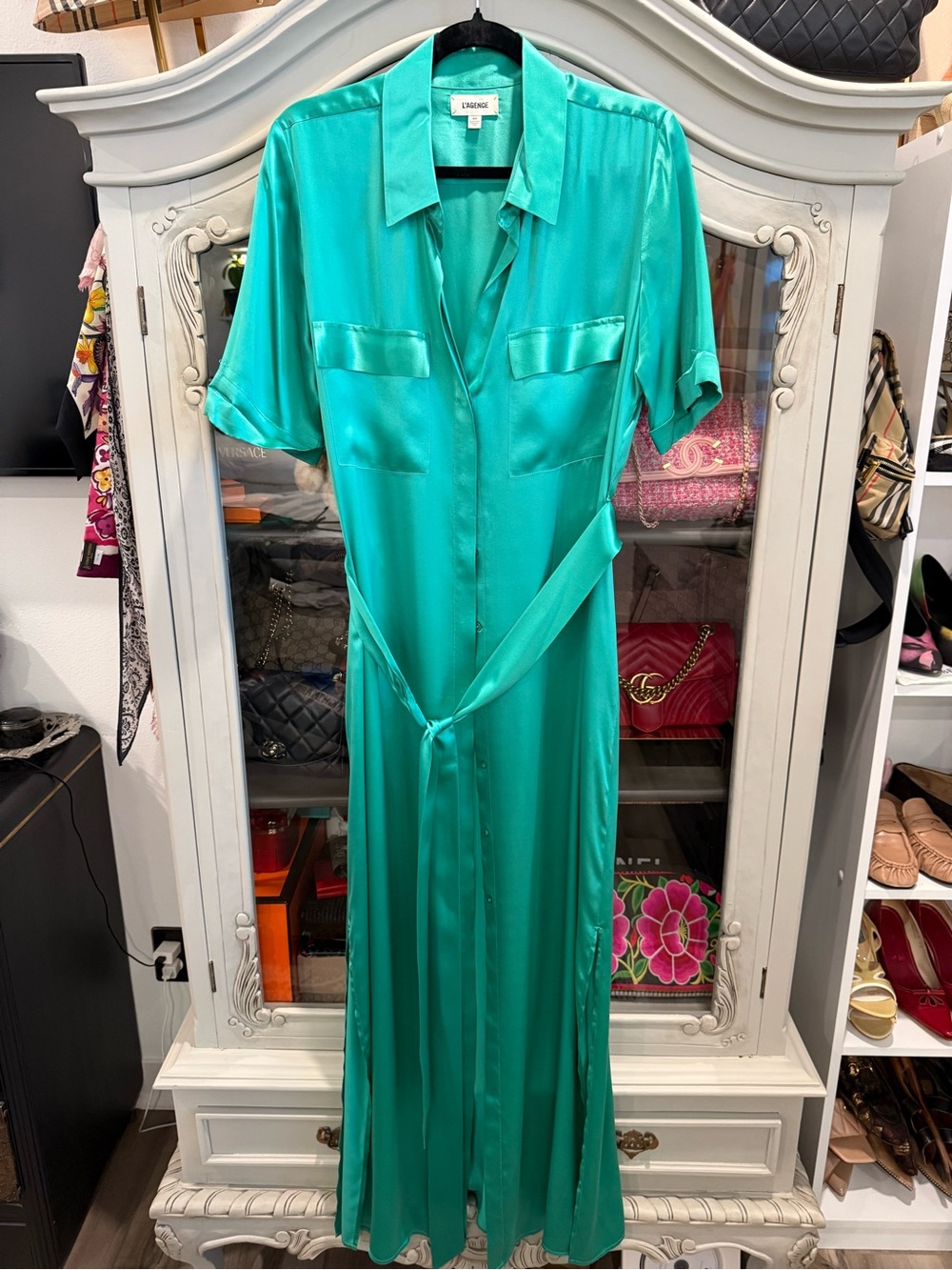 L'AGENCE Satin Emerald Green Maxi Shirt Dress